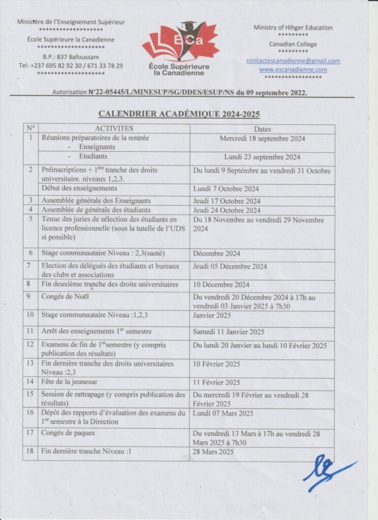 Calendrier académique 2024-2025